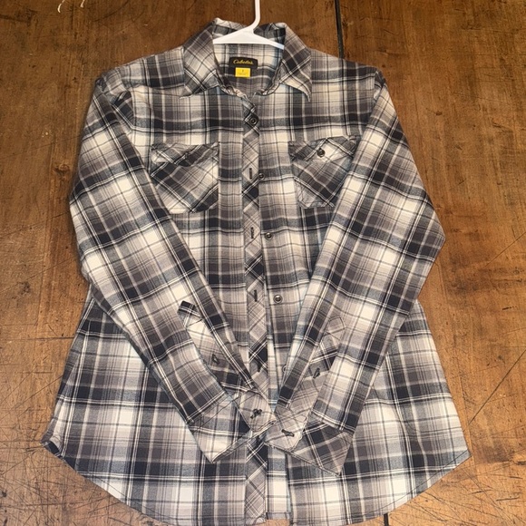 Cabela's Stretch Flannel Women’s Plaid Button Down Shirt Size Medium Black White - Picture 3 of 8